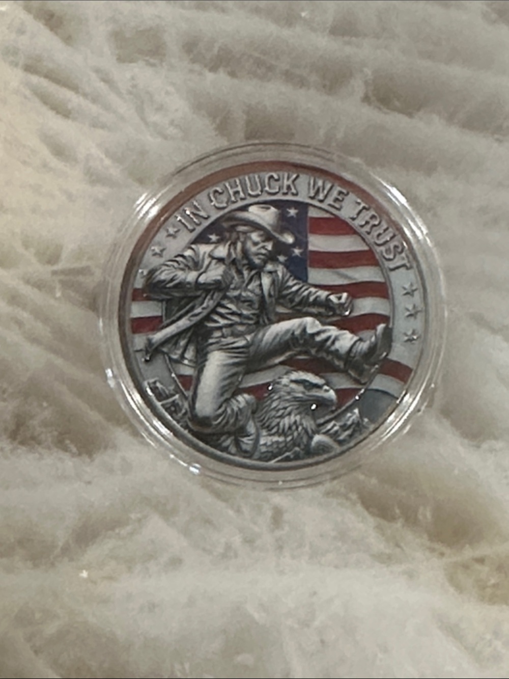In Chuck We Trust Silver-Colored Collectible Coin - Patriotic Men’s Accessory